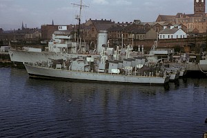 Devonshire Dock, Barrow in Furness - SHALFORD, ABERFORD and CAMBERFORD outboard of the minesweeper PLUTO on 14 April 1962 not long after the SDBs had arrived from Londonderry to be laid up. (BB Hargreaves)