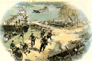Painting by Terence Cuneo of the Assault at Limbang, Courtesy Officers' Mess 42 Commando